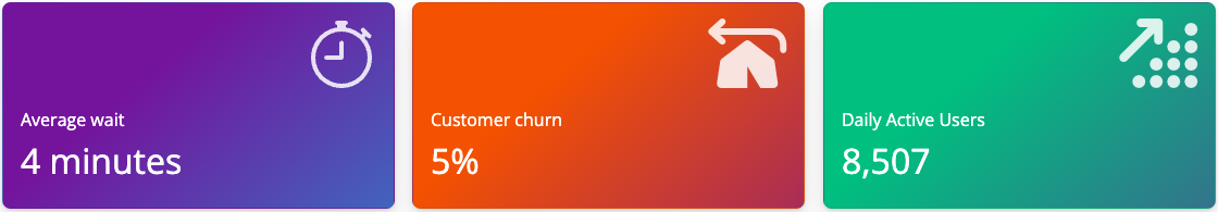 Three value boxes of made up statistics, with vibrant gradient backgrounds: purple-cyan, orange-indigo, and teal-purple. Each card has an icon in the upper right corner and the title and value in the lower left corner.
