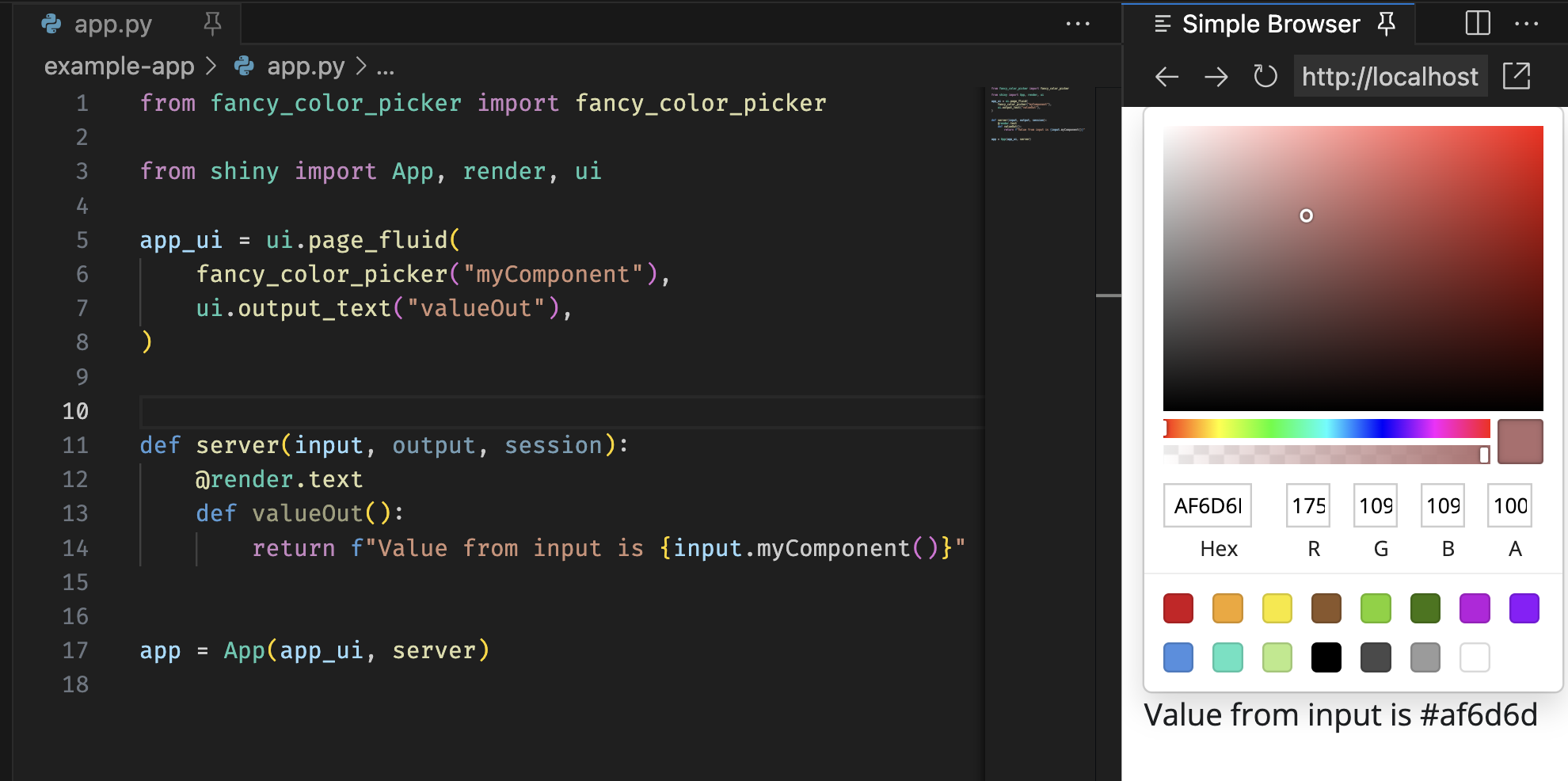 Screenshot of example app running