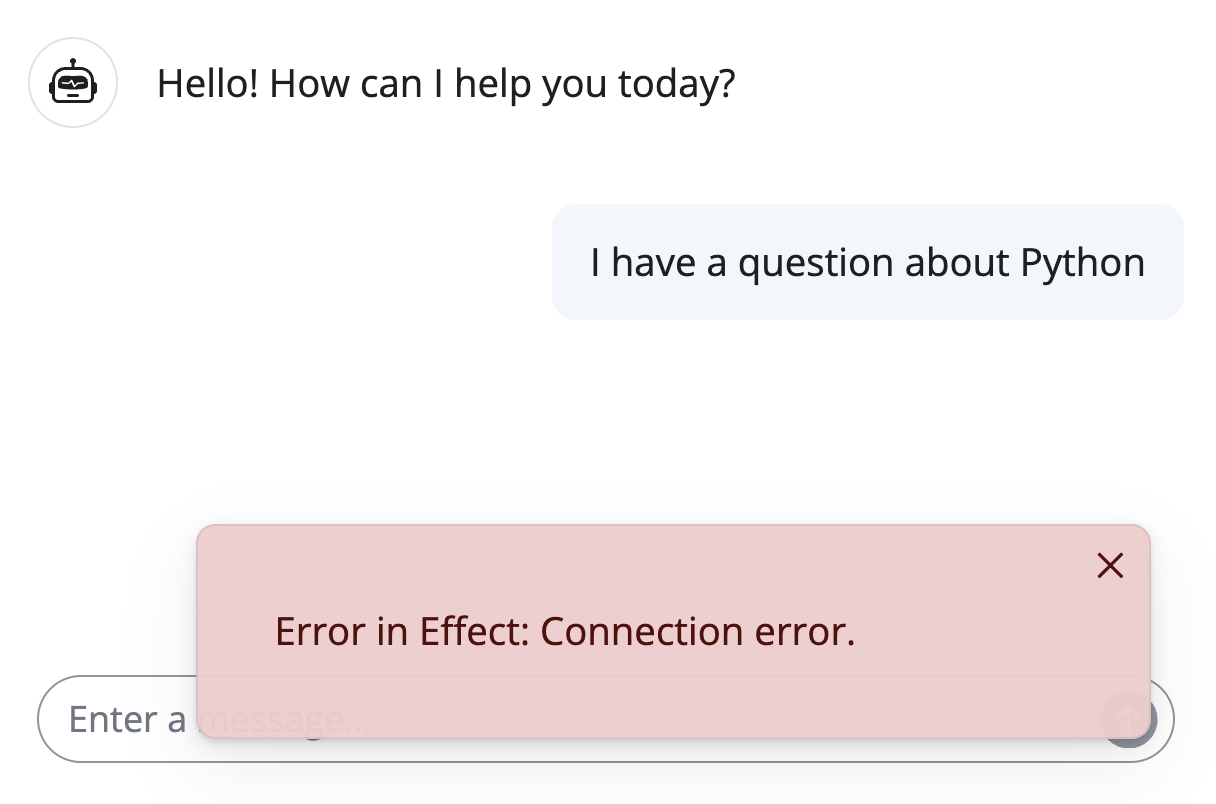Screenshot of a chatbot with an error message.