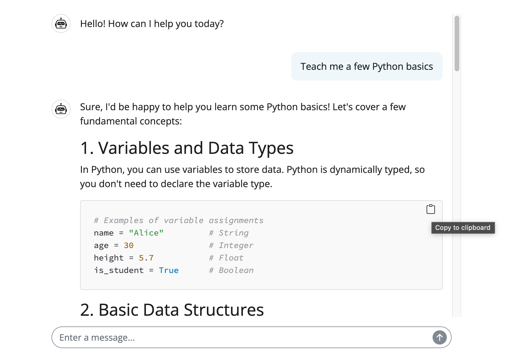 Screenshot of a conversation with the Chat component.