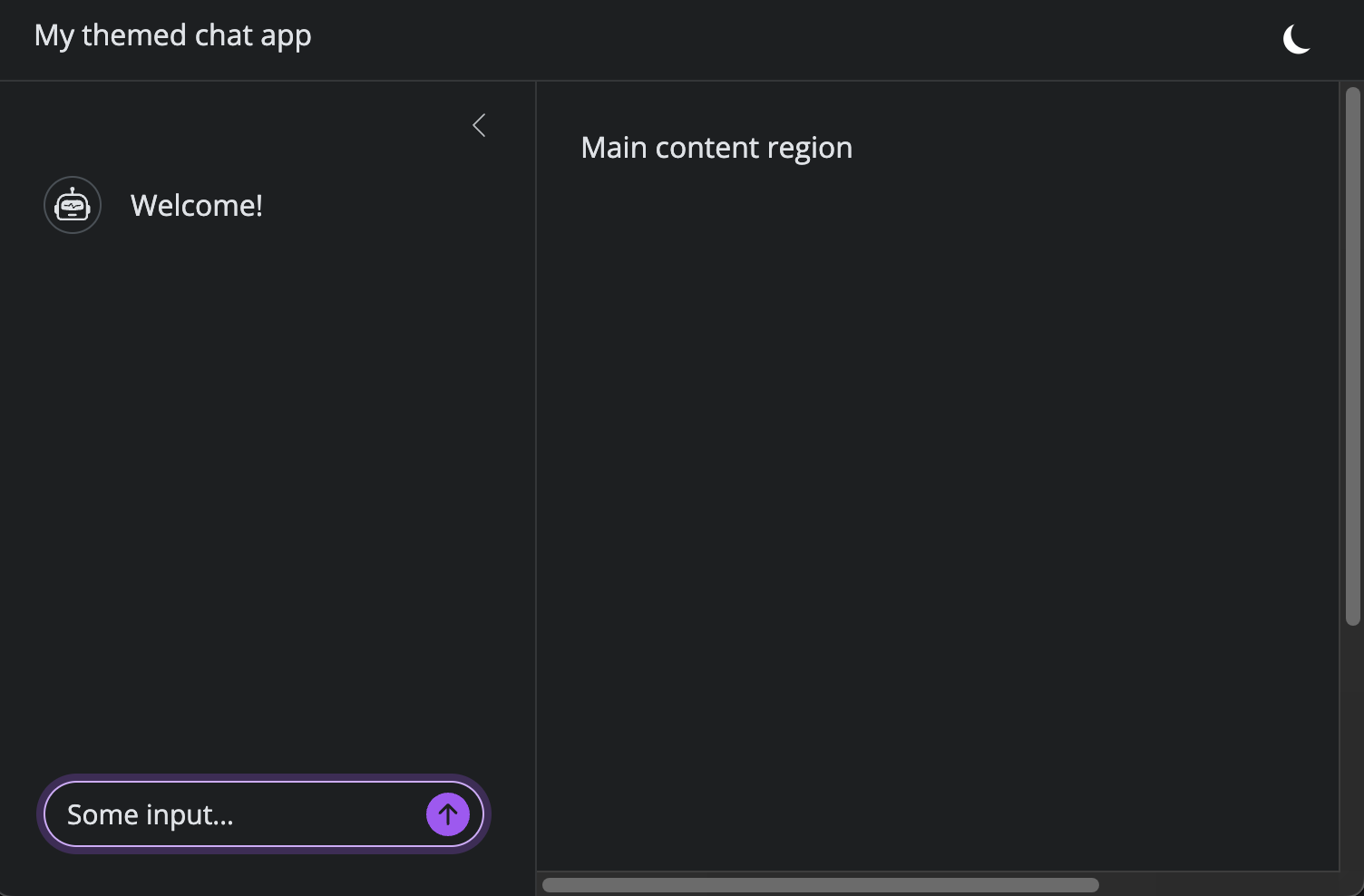 Screenshot of a chatbot with a custom theme and dark mode toggle.