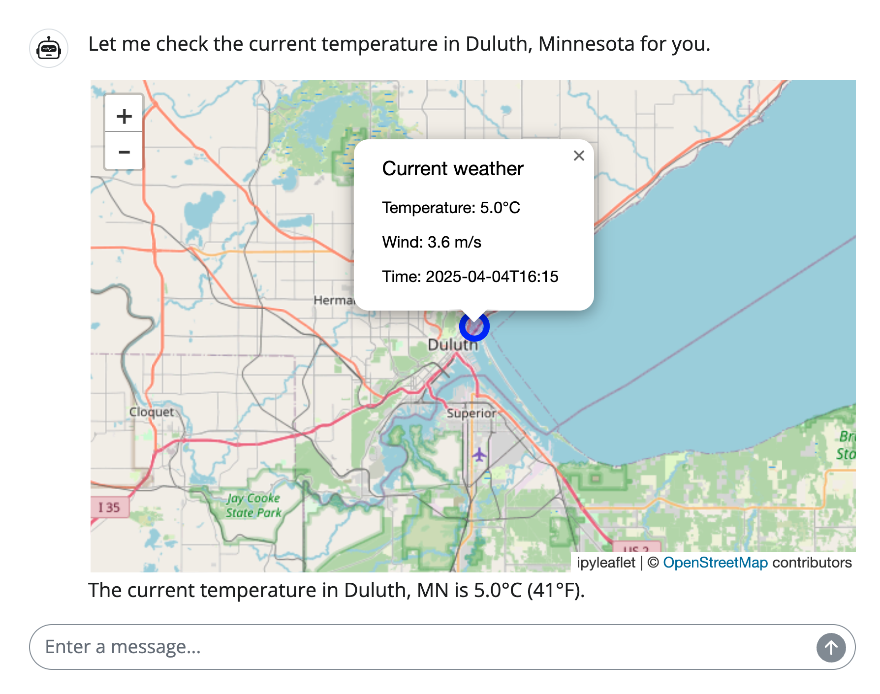 Screenshot of a tool result rendered as an interactive map
