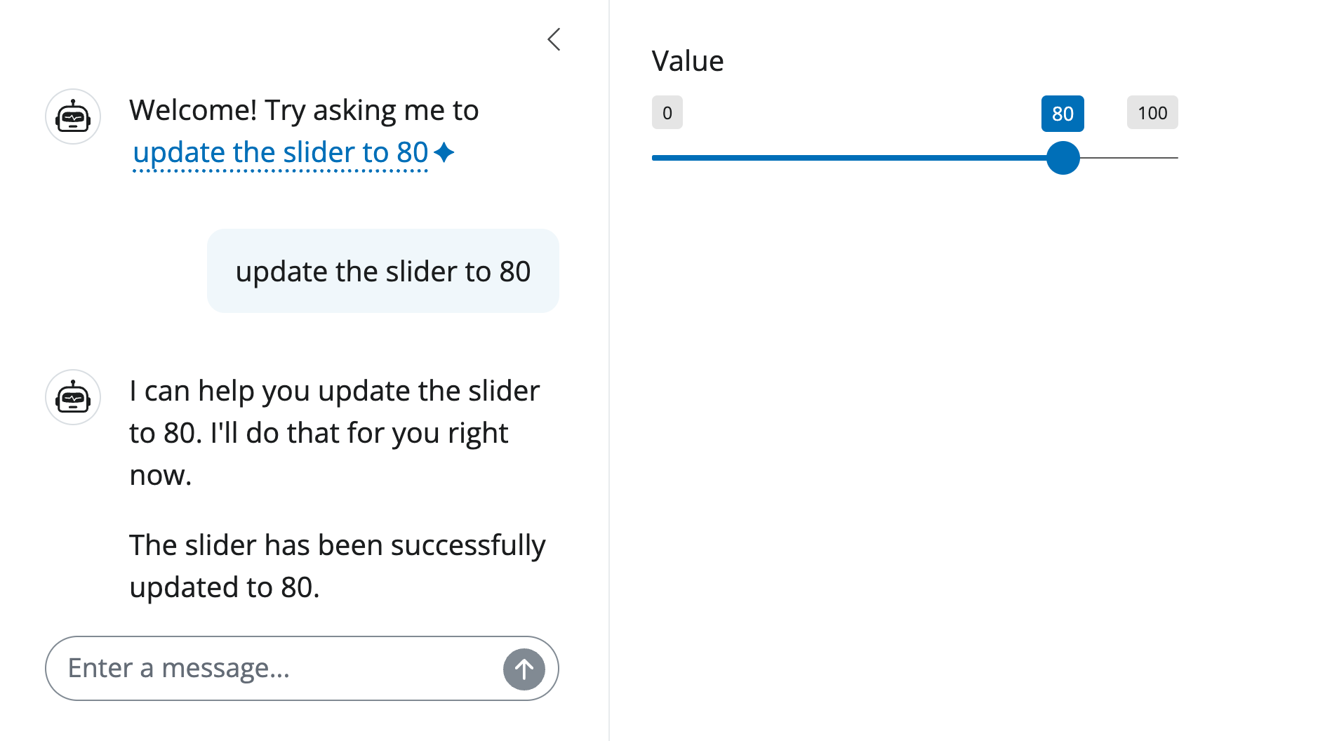 Screenshot of a tool call that updated the slider from 50 to 80.