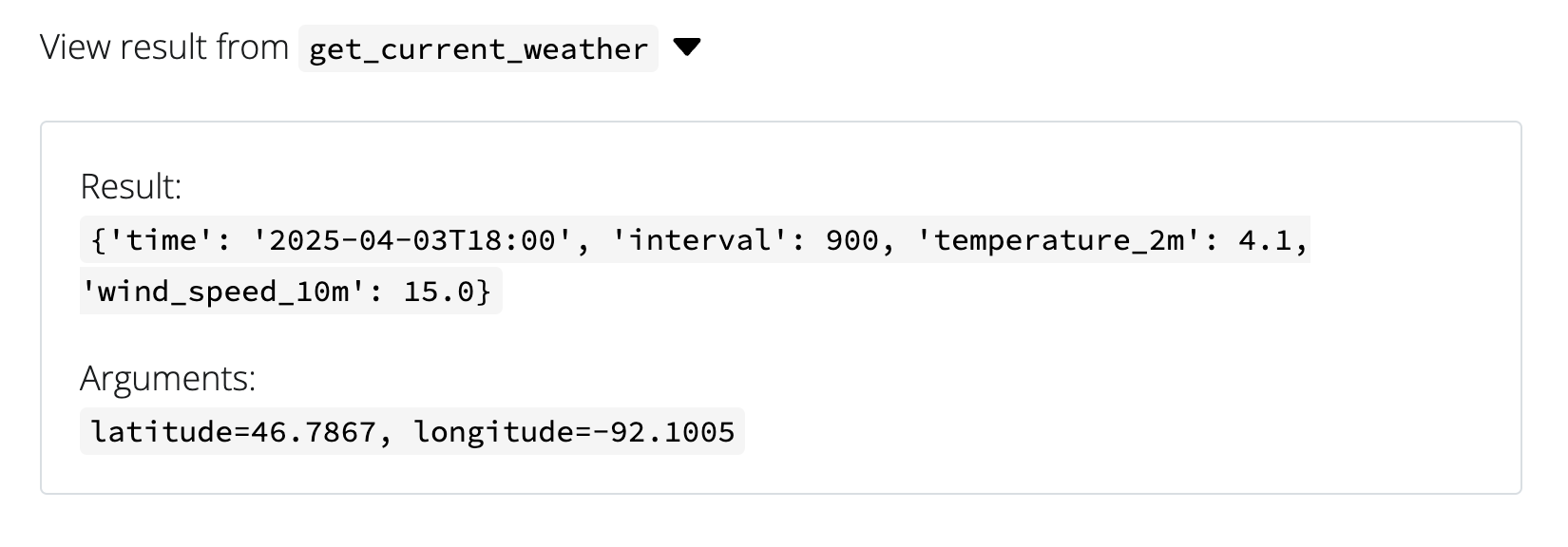 Screenshot of tool call result expanded.