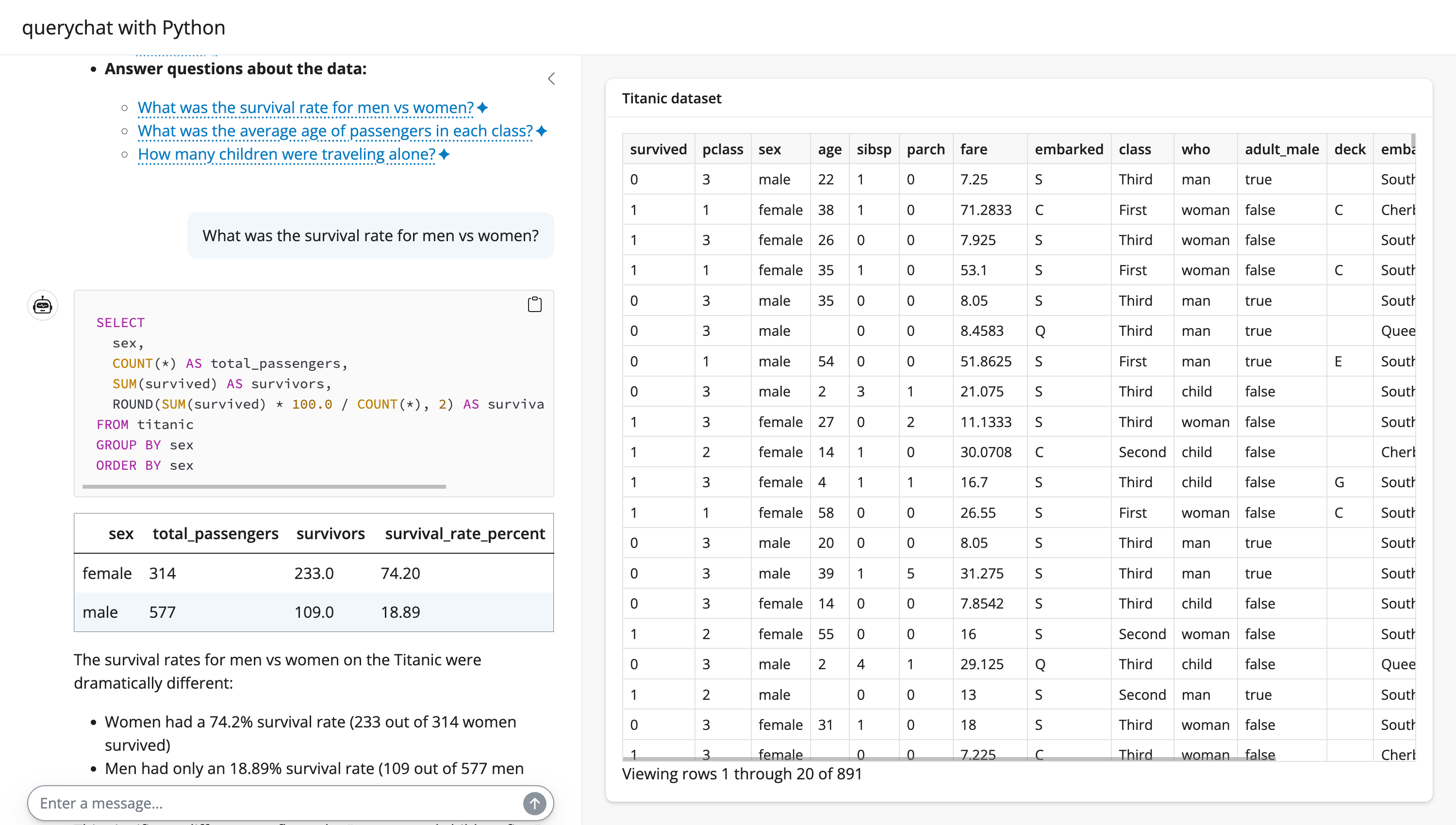 A screenshot of an AI app that enables data querying via natural language.