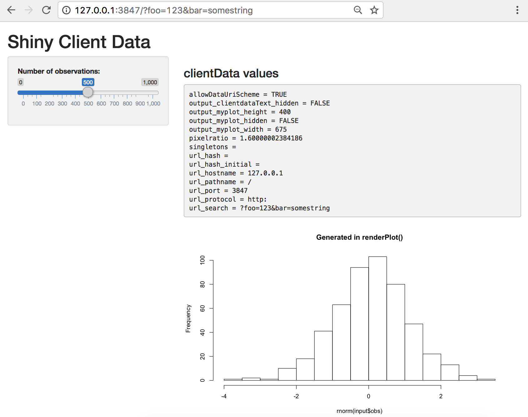 Shiny app of Client Data. Slider bar with number of observations and panel with clientData values.