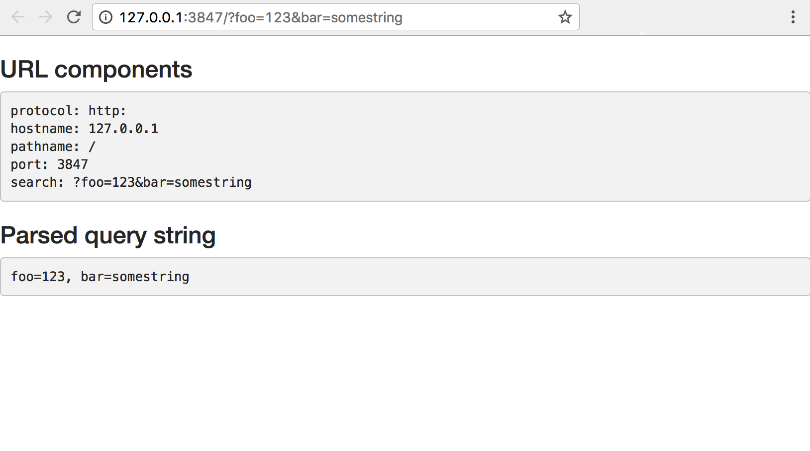 Shiny app of a segment with URL components and parsed query string. URL components include 'protocol: http:', 'hostname: 127.0.0.1', 'pathname: /', 'port: 3847', 'search: ?foo=123&bar=somestring'. Parsed query string includes 'foo=123, bar=something'.