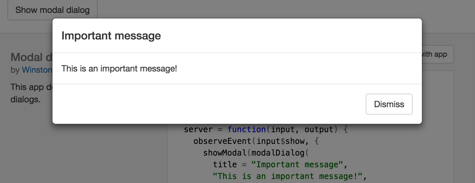 Pop up of a box that says Important message. This is an important message! and has a Dismiss button.
