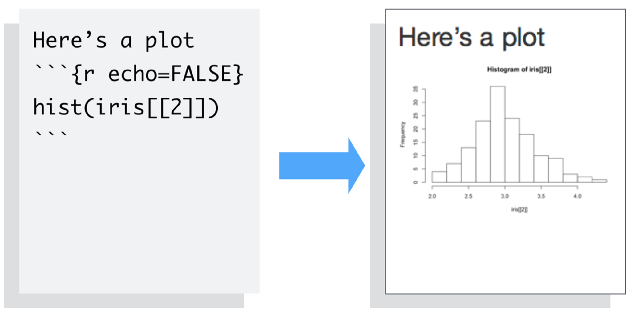 Code block for a plot on the left with {r echo FALSE}, and a plot on the right, with no code displayed.