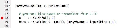 Code with a dot next to the line number in the code, indicating where you can click to set a breakpoint.