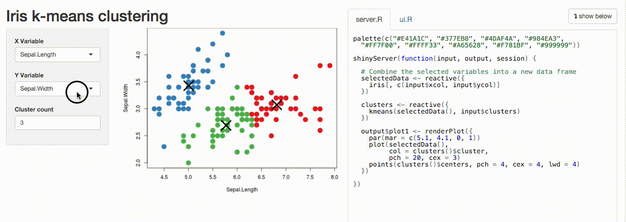 Shiny app of Iris k-means clustering in showcase mode