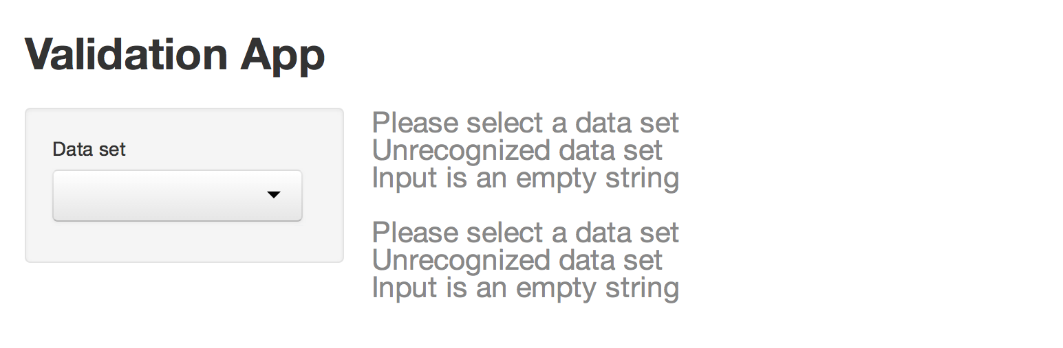 Validation app with nothing selected for data set and error message Please select a data set. Unrecognized data set. Input is an empty string.