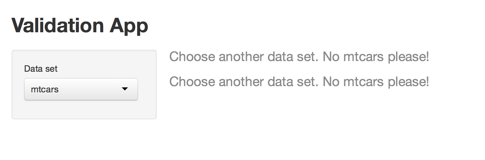 Validation app with Data set and a drop down with mtcars selected and the error message Choose another data set. No mtcars please!