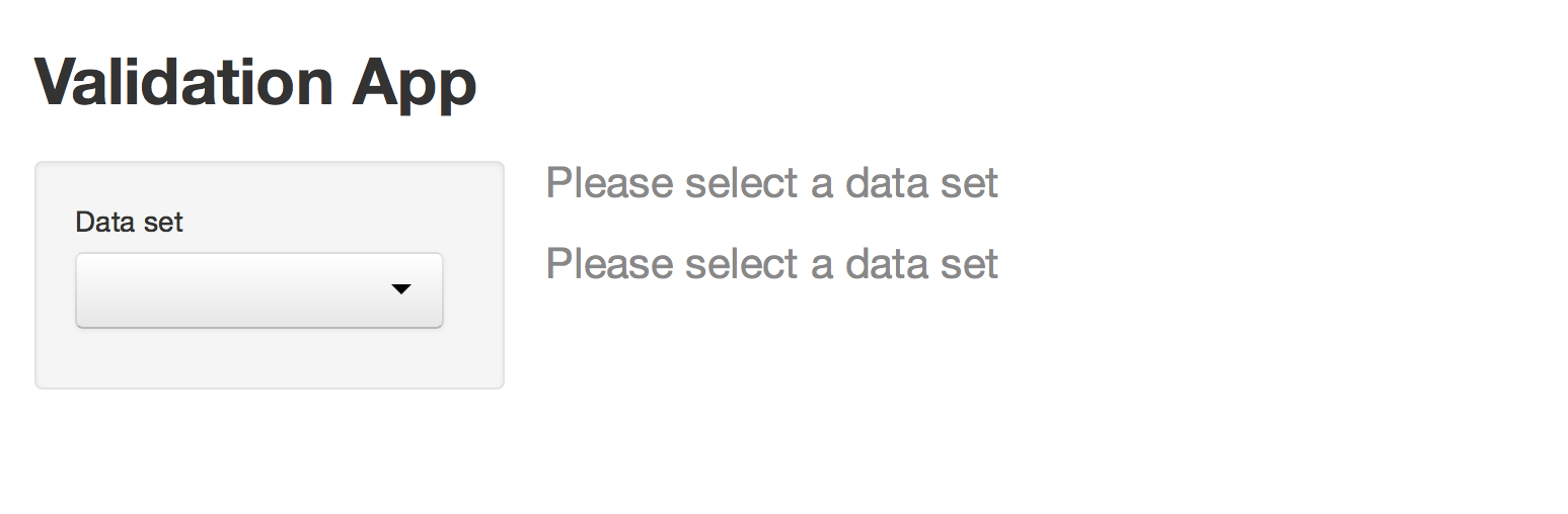 Validation app with no data selected and the error message Please select a data set