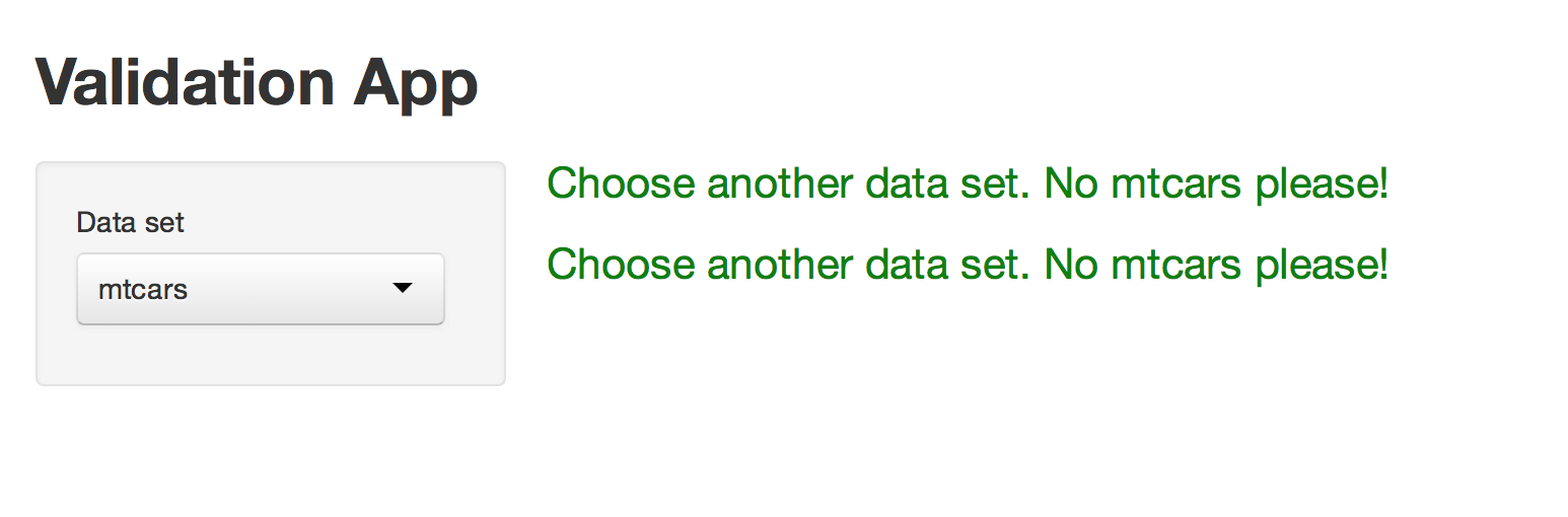 Validation app with mtcars selected and the error message Choose another data set. No mtcars please!, in a green font