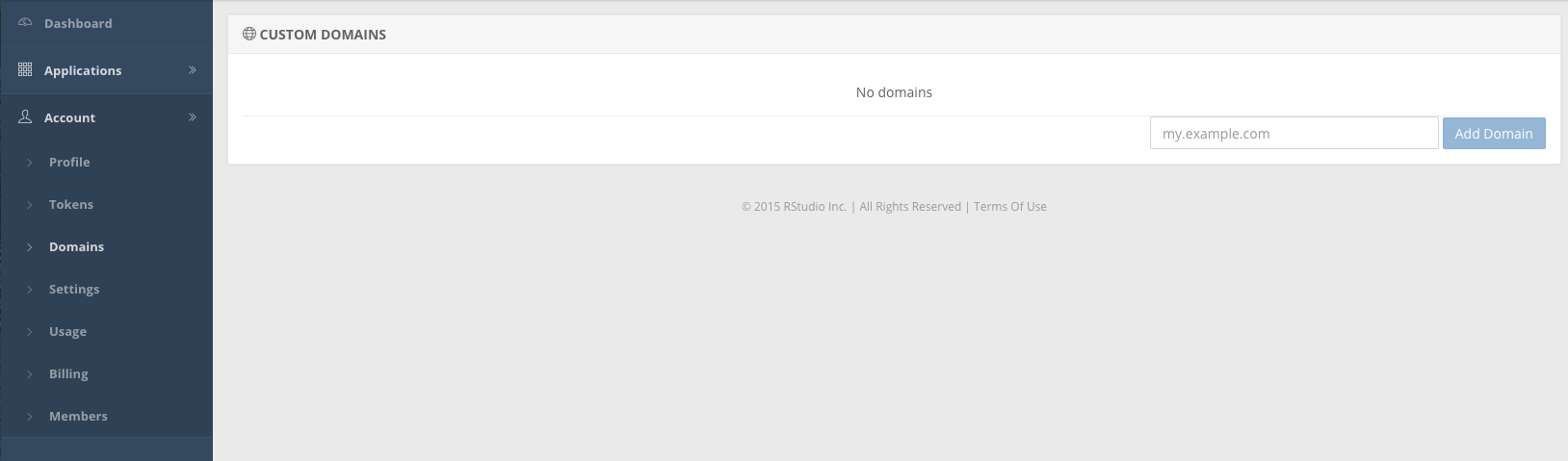 Custom domains section of shinyapps.io