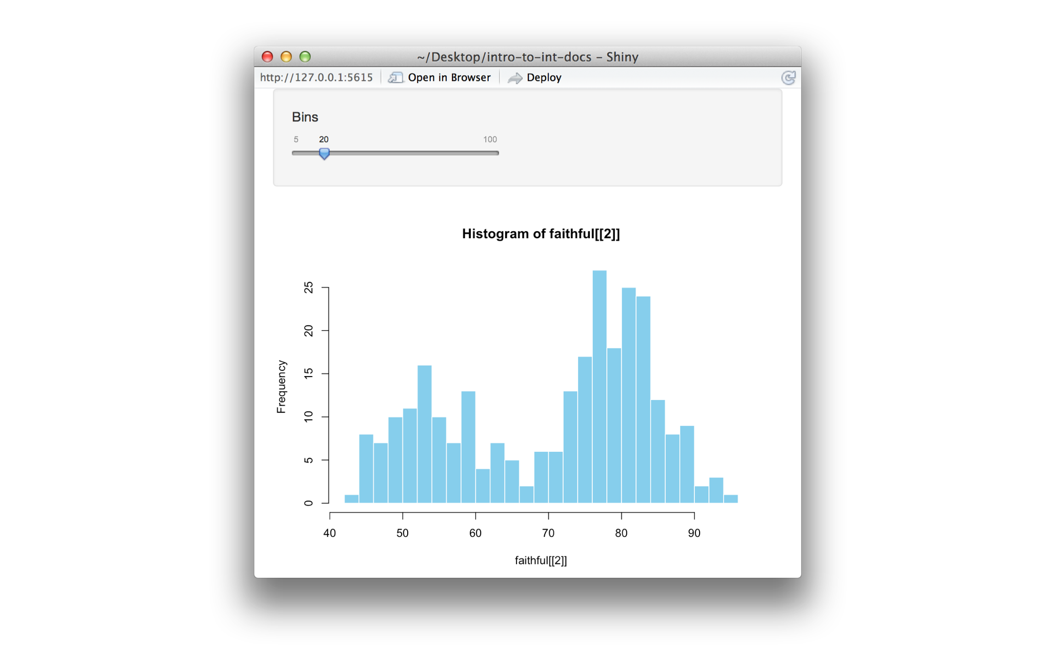 Minimal Shiny app with slider bar of bins and histogram of Old faithful frequency