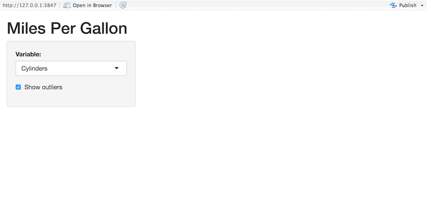 MPG Shiny app with title Miles Per Gallon and variable with a drop down menu and a checkbox for Show outliers