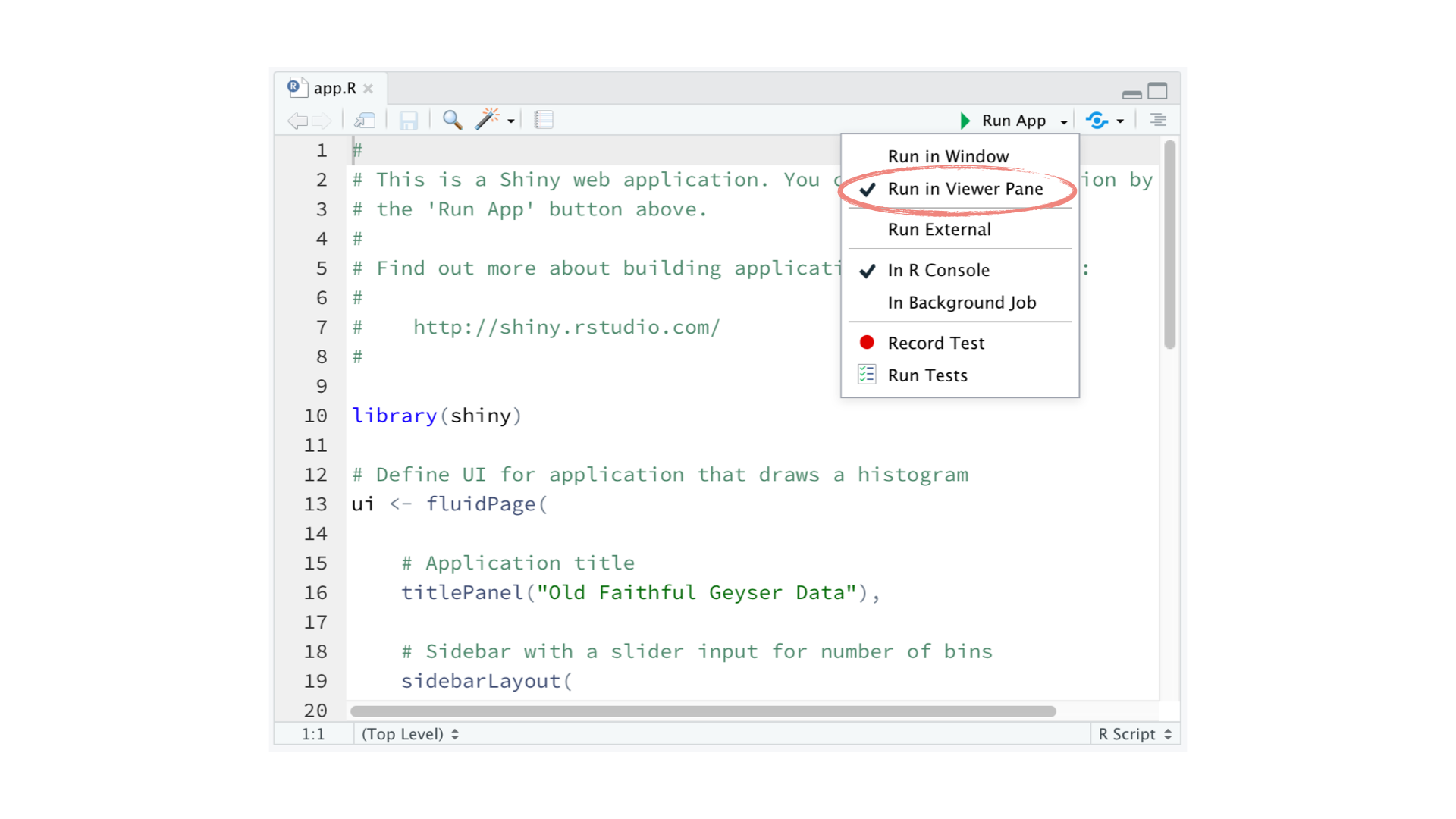 Image of the RStudio IDE with the drop down under Run App with 'Run in Viewer Pane' selected and highlighted.