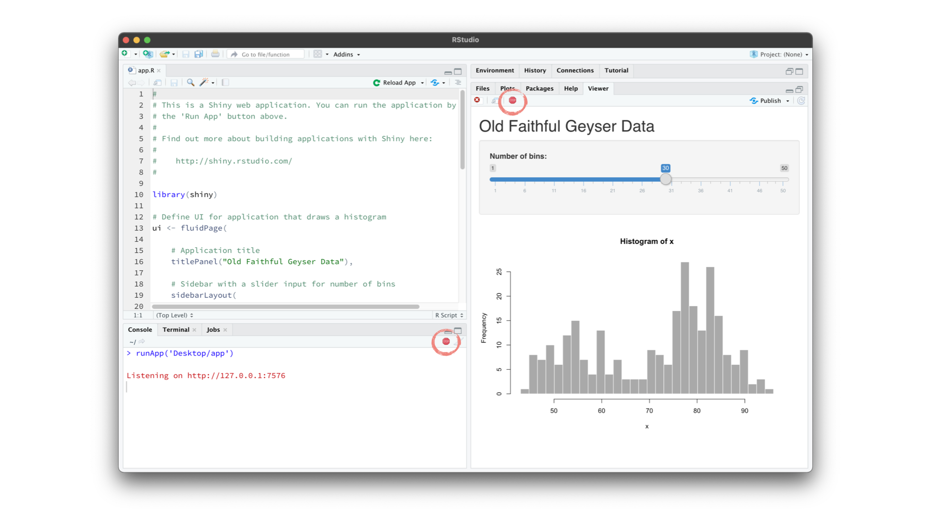 Image of the RStudio IDE with the 'Stop' buttons in the Console and the Viewer highlighted.